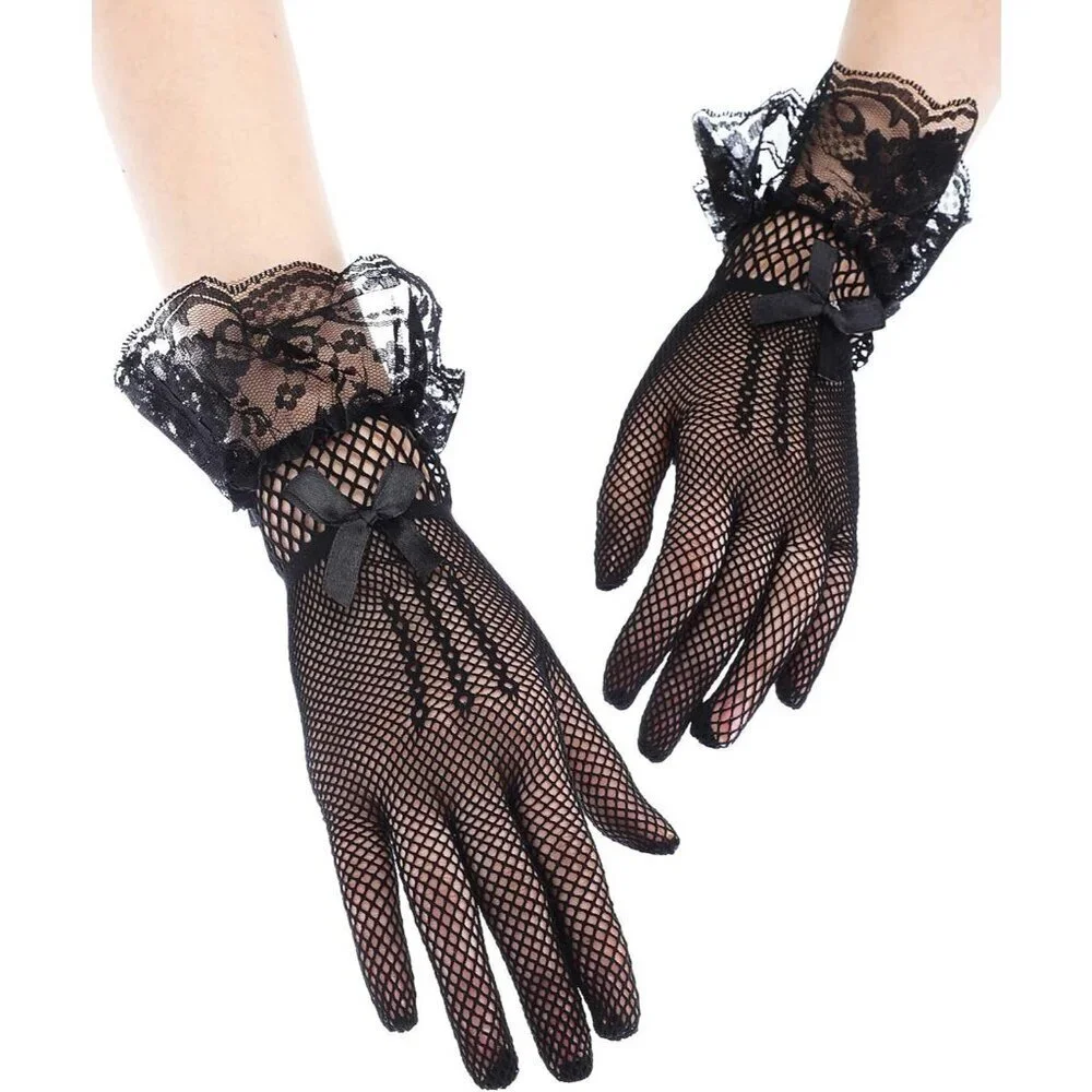 Women's Elegant Black Short Bow Style Lace Gloves Dinner Wedding Party Tea Prom